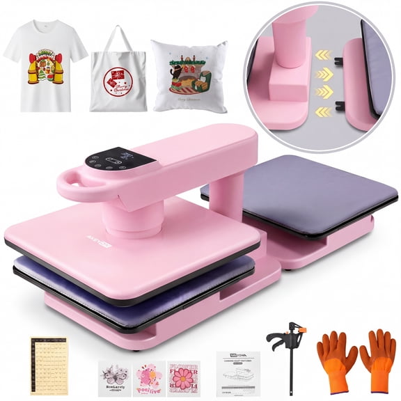 Adnoom Auto Heat Press 15x15, 1350W Swivel Dual Heat Press Machine, Higher Heating Height & 7-level Adjustable Pressure, Professional Heat Press for Sublimation T-shirt Hoodie,Pink