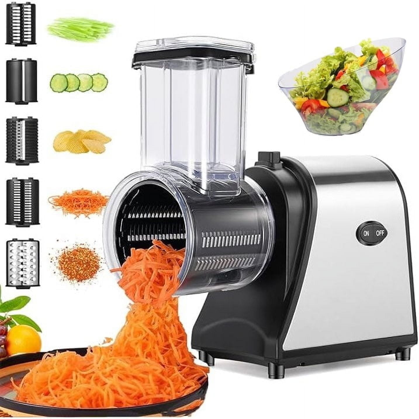 Adnoom Electric Cheese Grater, 250W One-Touch Control Salad Shooter, 5 in 1 Professional Electric Shredder Vegetable Silcer for Cheeses, Fruits,Vegetables and Spice