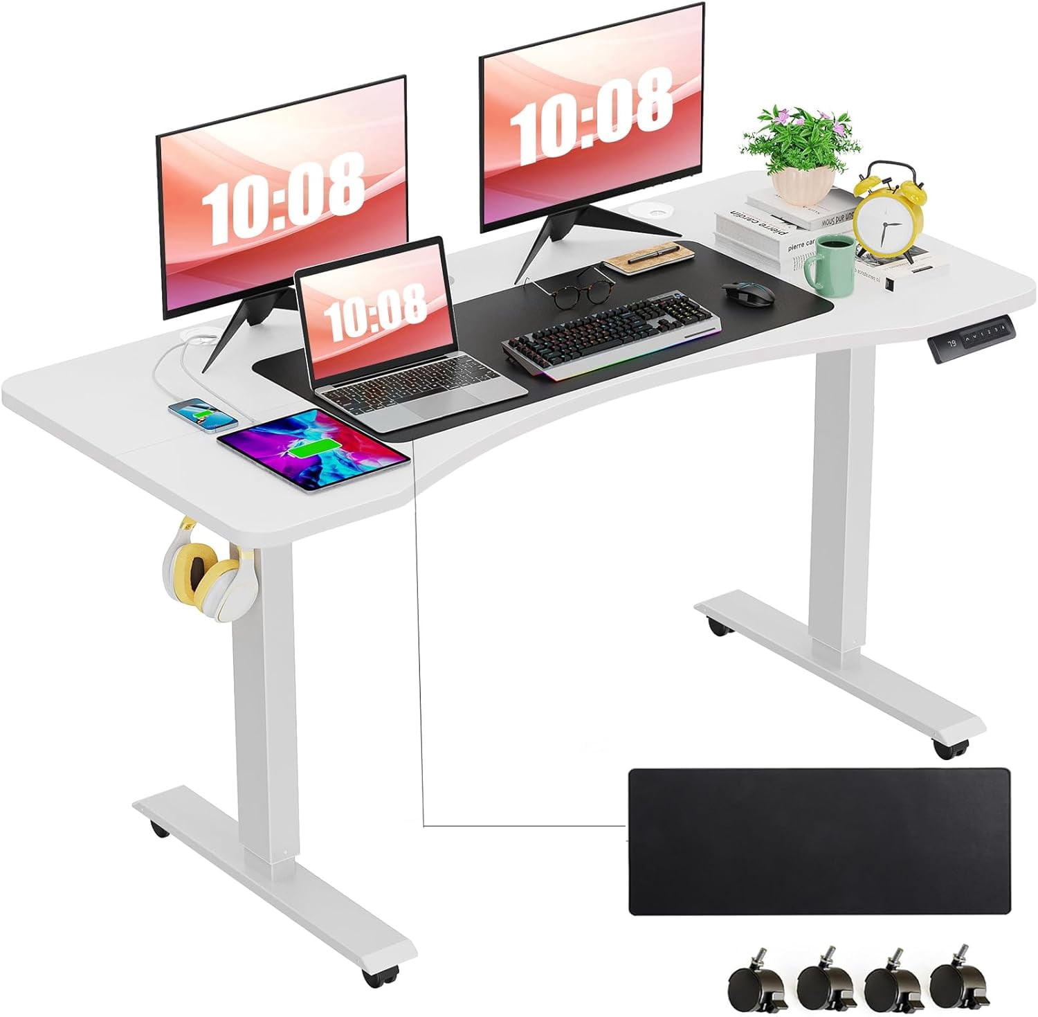 Adnoom 63″X24″ Electric Standing Desk, Metal Frame Height Adjustable Standing Desk Converter w/Large Mouse Pad, Sit Stand Computer Desk Home Office Desk with Lockable Wheels