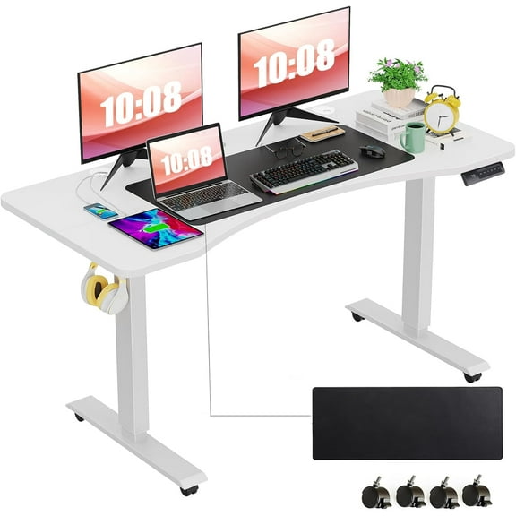 Adnoom 63″X24″ Electric Standing Desk, Metal Frame Height Adjustable Standing Desk Converter w/Large Mouse Pad, Sit Stand Computer Desk Home Office Desk with Lockable Wheels