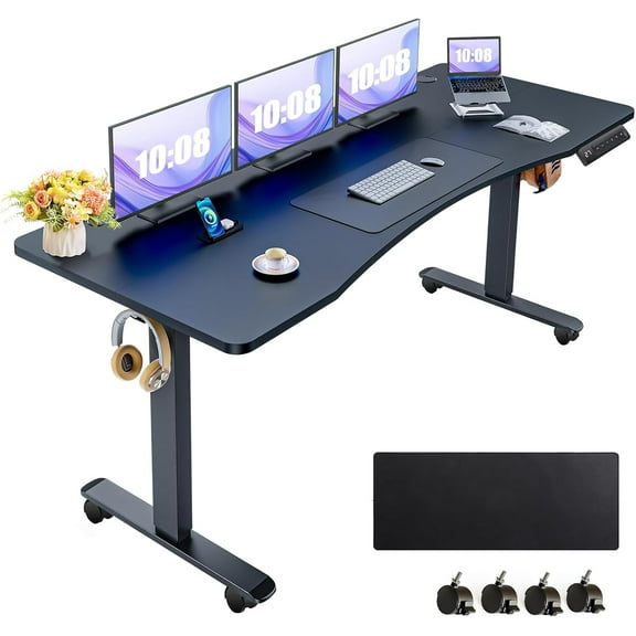 Adnoom 63″X24″ Electric Standing Desk, Metal Frame Height Adjustable Standing Desk Converter w/Large Mouse Pad, Sit Stand Computer Desk Home Office Desk with Lockable Wheels