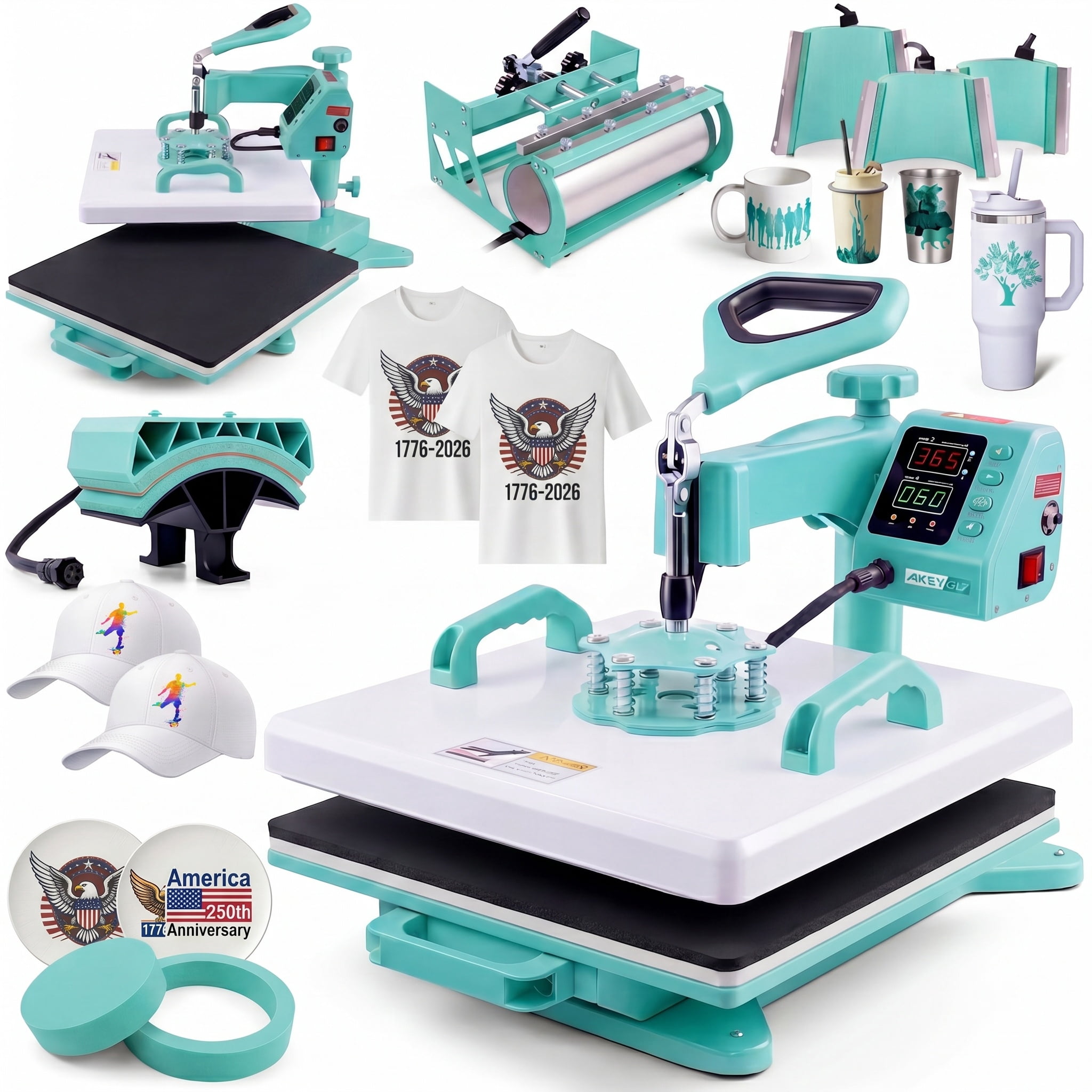 Adnoom Heat Press Machine 15x15 8 in 1, 1200W Sublimation Heat Transfer Machine Combo, 360° Swing Away, Digital Heat Press for Tshirt Plate Cap Mug, Green