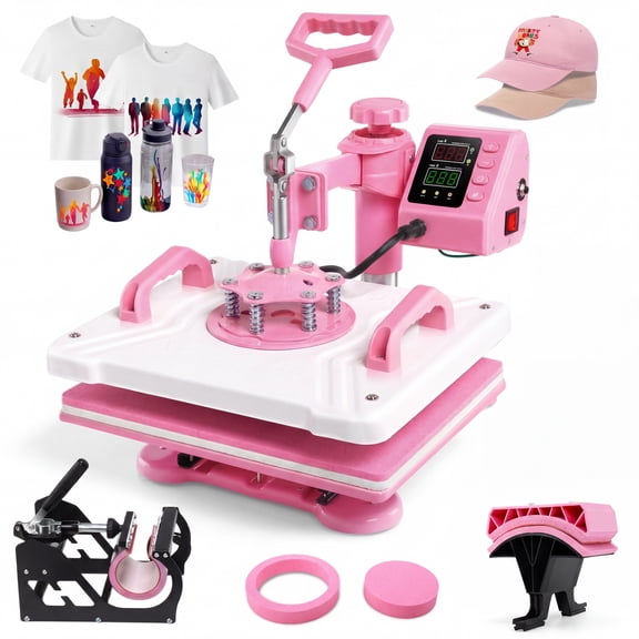 Adnoom Heat Press Machine 12x15 5 in 1, 900W Heat Press 360° Swing Away, Dual-Tube Heating Heat Transfer Machine for Tshirt Plate Cap Mug, Pink