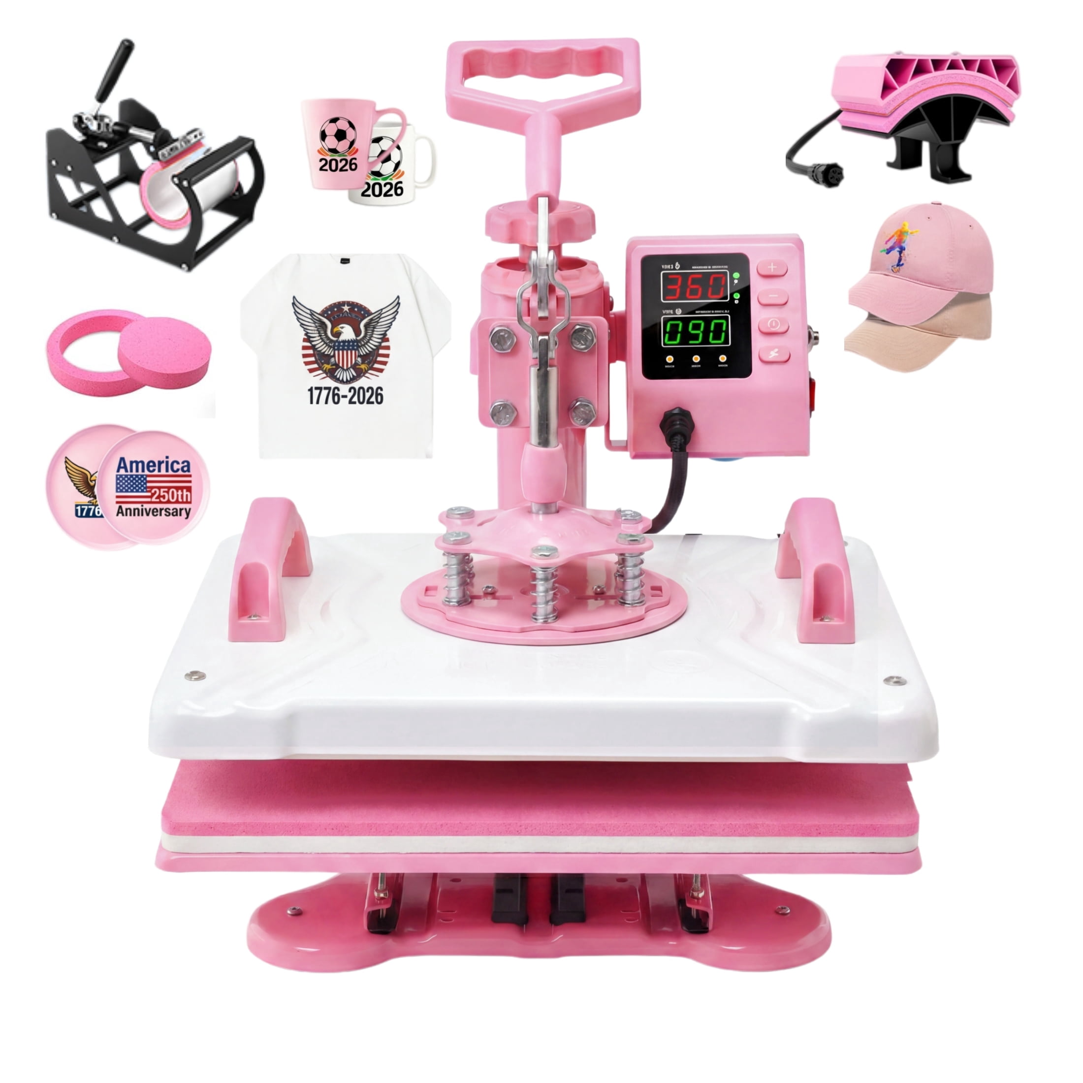 Adnoom Heat Press Machine 12x15 5 in 1 Combo, 900W Digital Heat Press 360° Swing Away, Sublimation Heat Transfer Machine for Tshirt Plate Cap Mug, Pink