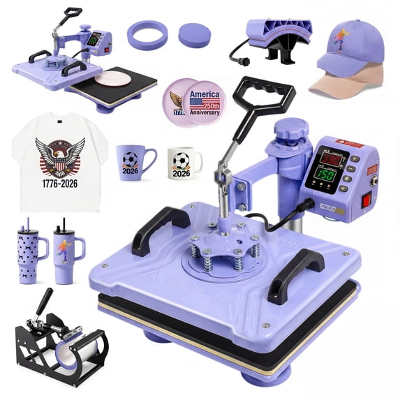 Adnoom Heat Press Machine 12x15 5 in 1 Combo, 900W Digital Heat Press 360° Swing Away, Sublimation Heat Transfer Machine for Tshirt Plate Cap Mug, Purple