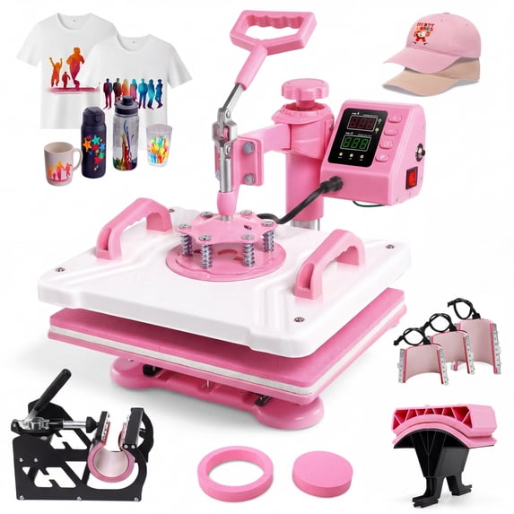 Adnoom Heat Press Machine 12x15 8 in 1, 900W Heat Press 360° Swing Away, Dual-Tube Heating Heat Transfer Machine for Tshirt Plate Cap Mug, Pink