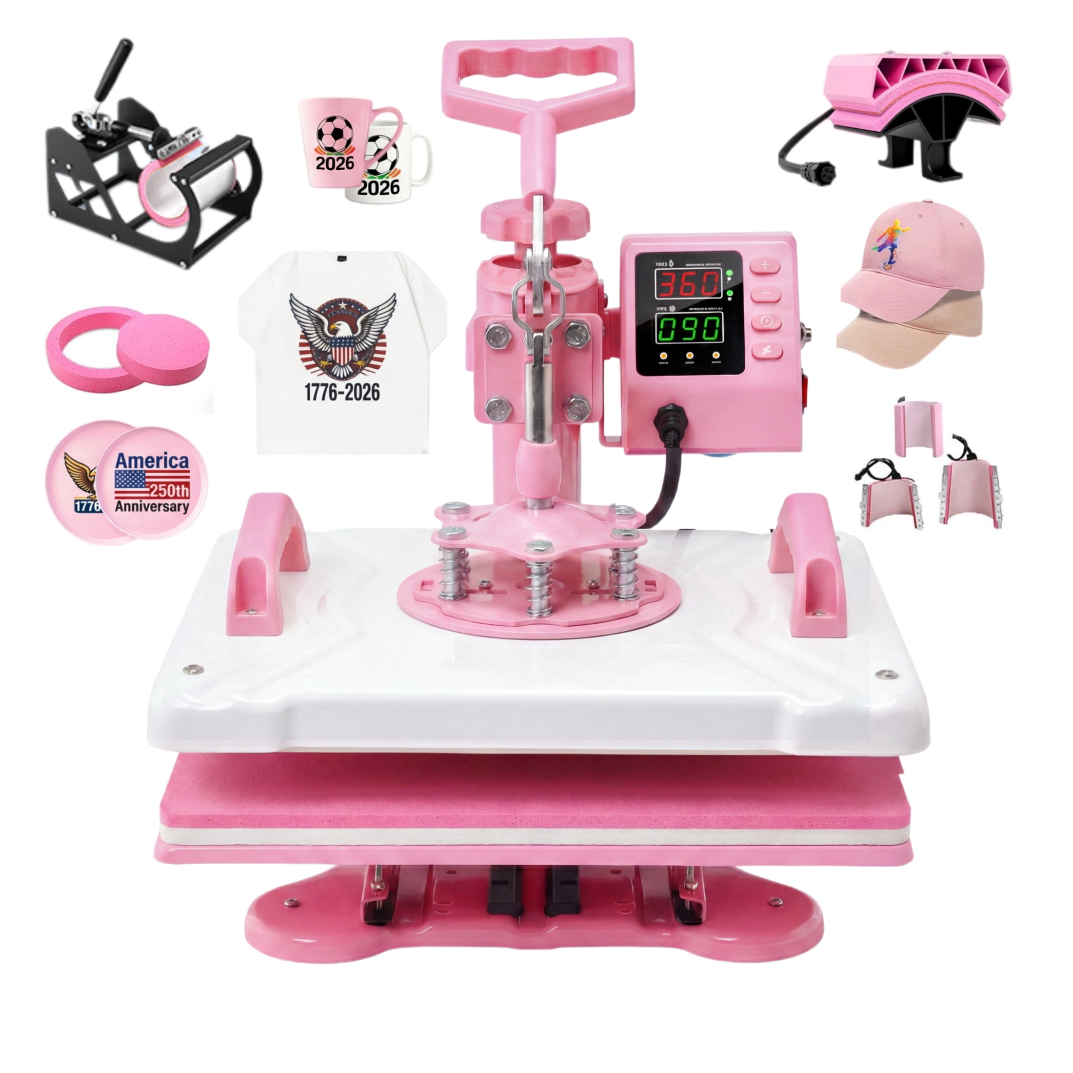 Adnoom Heat Press Machine 12x15 8 in 1 Combo, 900W Digital Heat Press 360° Swing Away, Sublimation Heat Transfer Machine for Tshirt Plate Cap Mug, Pink