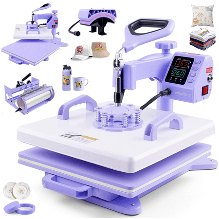 Adnoom Heat Press 15x15, 5 in 1 Multifunctional Shirt Press Machine Combo, 360° Swing Away Heat Transfer Sublimation with LED Display for T-shirts Mugs Hat Plate Cap, Purple