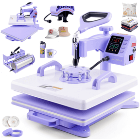 Adnoom Heat Press 15x15, 5 in 1 Multifunctional Shirt Press Machine Combo, 360° Swing Away Heat Transfer Sublimation with LED Display for T-shirts Mugs Hat Plate Cap, Purple
