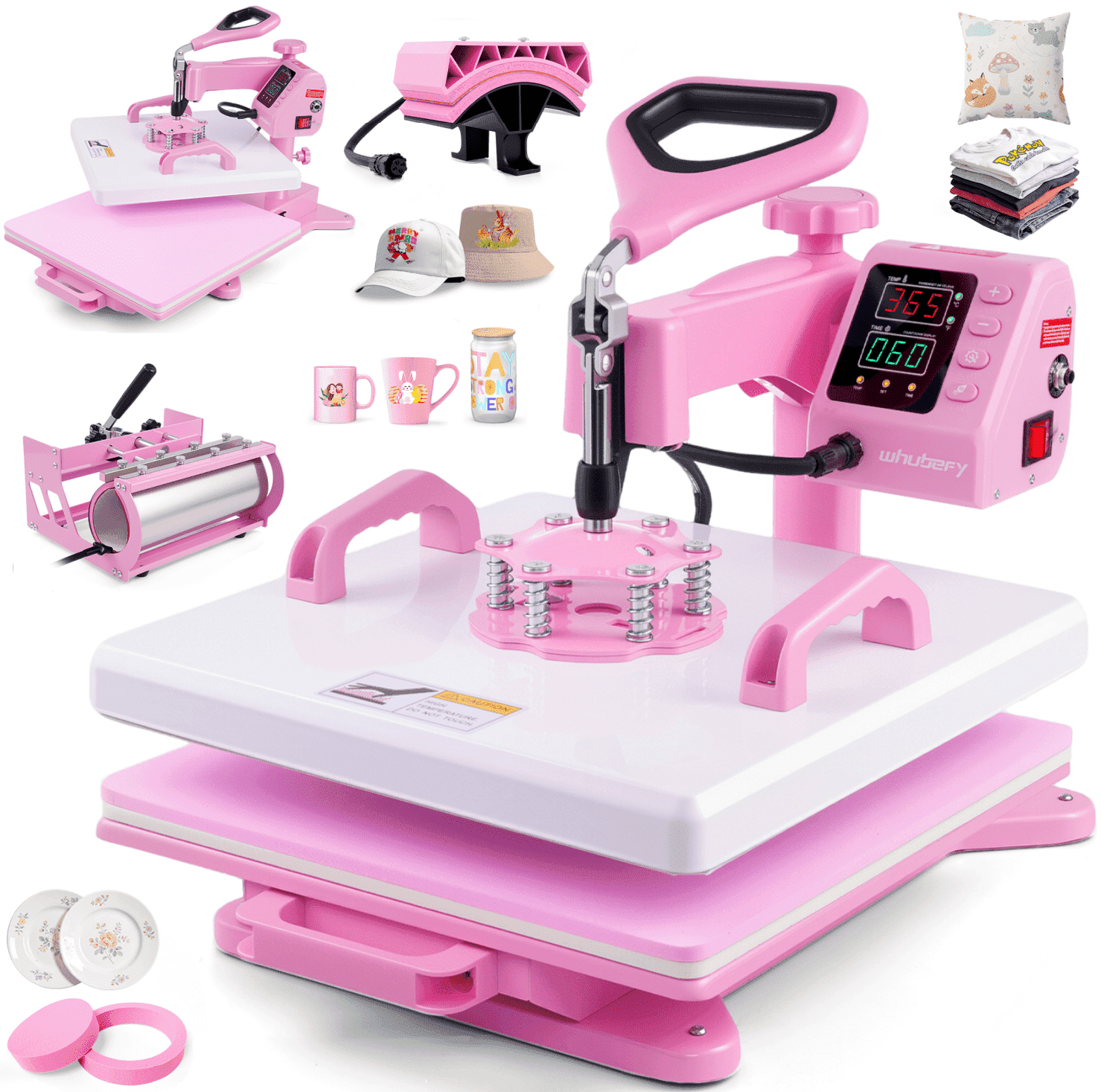 Adnoom Heat Press 15x15, 5 in 1 Multifunctional Shirt Press Machine Combo, 360° Swing Away Heat Transfer Sublimation with LED Display for T-shirts Mugs Hat Plate Cap Pink