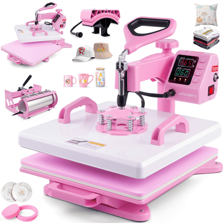 Adnoom Heat Press 15x15, 5 in 1 Multifunctional Shirt Press Machine Combo, 360° Swing Away Heat Transfer Sublimation with LED Display for T-shirts Mugs Hat Plate Cap Pink