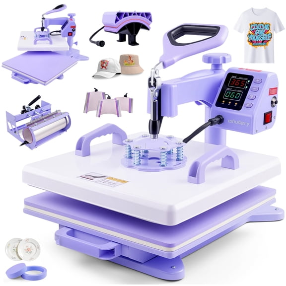 Adnoom Heat Press 15x15, 8 in 1 Multifunctional Shirt Press Machine Combo, 360 Swing Away Sublimation Heat Transfer with LED Display for T-shirts Mugs Hat Plate Cap, Purple