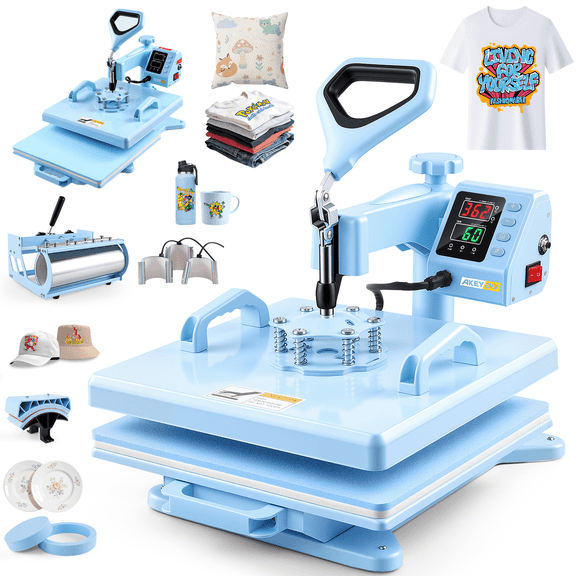 Adnoom Heat Press 15x15, 8 in 1 Multifunctional Shirt Press Machine Combo, 360° Swing Away Sublimation Heat Transfer with LED Display for T-shirts Mugs Hat Plate Cap, Blue