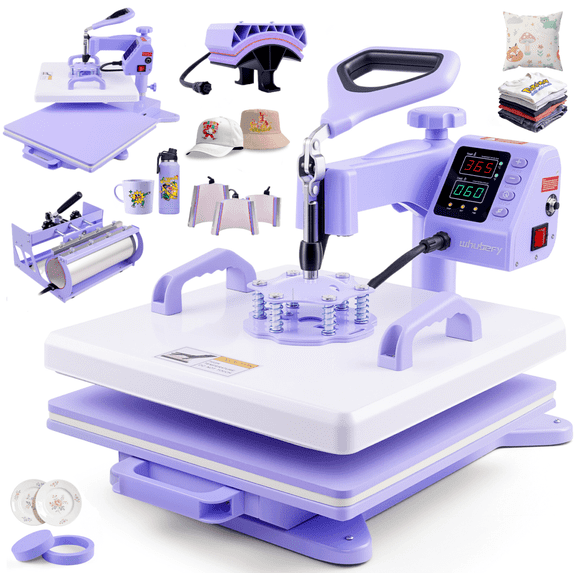 Adnoom Heat Press 15x15, 8 in 1 Multifunctional Shirt Press Machine Combo, 360° Swing Away Sublimation Heat Transfer with LED Display for T-shirts Mugs Hat Plate Cap, Purple