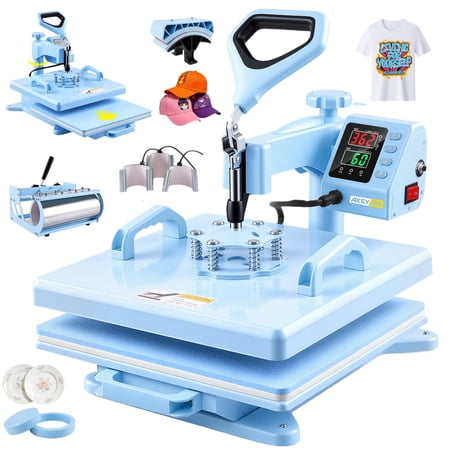 Adnoom Heat Press 15x15, 8 in 1 Multifunctional Shirt Press Machine Combo, 360° Swing Away Sublimation Heat Transfer with LED Display for T-shirts Mugs Hat Plate Cap, Blue