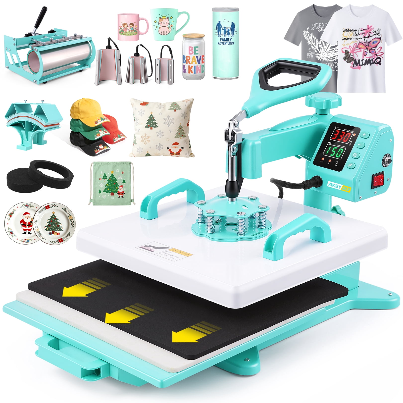 Adnoom Heat Press 15x15, 8 in 1 Multifunctional Shirt Press Machine Combo, 360° Swing Away Sublimation Heat Transfer with LED Display for T-shirts Mugs Hat Plate Cap, Green