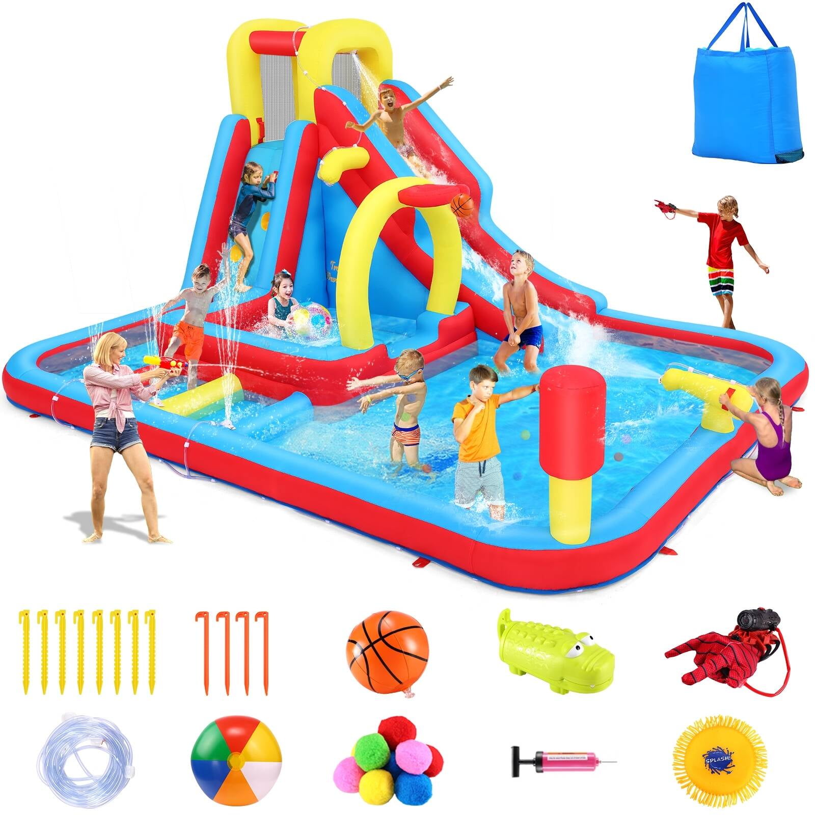 Adnoom Bounce House Water Slide with Basketball Hoop, Kids Inflatable Castle with Obstacle Course, Dual Pools, Climbing Wall \u0026 Water Cannons, Jumping Castle without Blower, Indoor/Outdoor