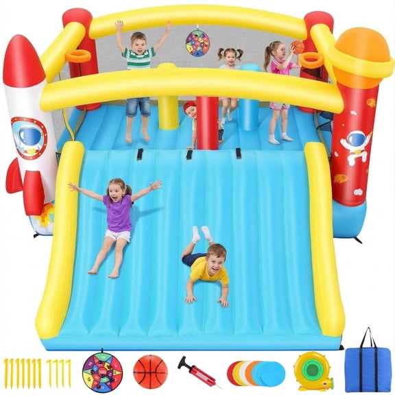 Bounce House for Big Kids, Large Space Rocket Bouncy Bounce with Big Slide & Obstacle Poles, Inflatable Jumping Castle Indoor/Outdoor with 550W Blower for Party, Backyard