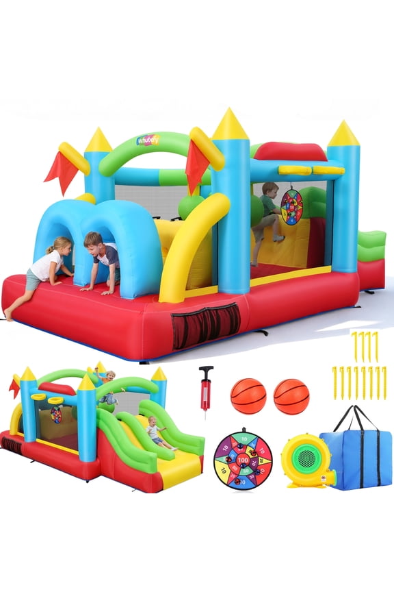 Inflatable Obstacle Course Bounce House for Kids 3-12, 7-in-1 Jumping Castle with 550W Blower, Patio Bouncy House w/Dual Tunnels, Double Slides, Basketball Hoops, and Climbing, Indoor/Outdoor