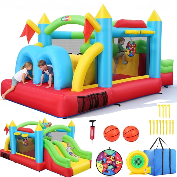 Adnoom Inflatable Obstacle Course Bounce House for Kids 3-12, 7-in-1 Jumping Castle with 550W Blower, Patio Bouncy House w/Dual Tunnels, Double Slides, Basketball Hoops, and Climbing, Indoor/Outdoor