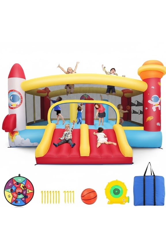 Bounce House for Big Kids 8-12, Bouncy House with 550W Blower, Inflatable Bouncy Castle with Double Slides, Basketball Hoops, Jumping Castle Space Rocket Theme, Indoor & Outdoor
