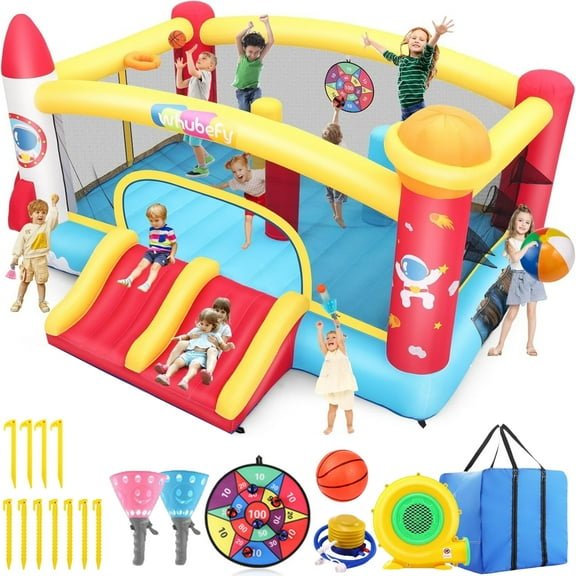 Adnoom Bounce House for Big Kids 8-12, Bouncy House with 550W Blower, Inflatable Bouncy Castle with Double Slides, Basketball Hoops, Jumping Castle Space Rocket Theme, Indoor & Outdoor