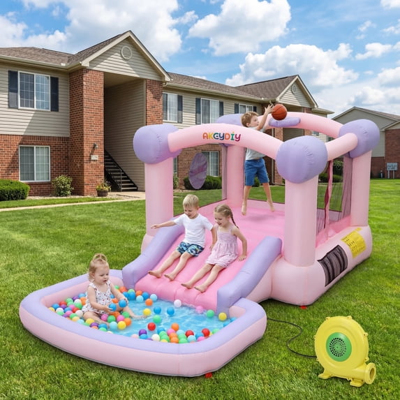 Adnoom Inflatable Bounce House with Ball Pit&Water Slide, Kids Pink Bouncy Castle with 470W Blower, Patio Bouncy House for kids Backyard Indoor Outdoor