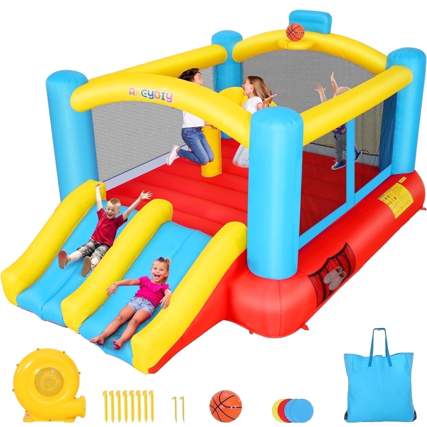 Adnoom Inflatable Bounce House, Children's Indoor/Outdoor Jumping Castle with 470W Blower, Compact Inflatable Bounce Castle with Double Slide, Basketball Hoop for Kids 3-10 Years