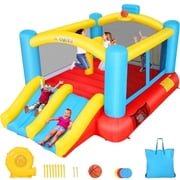 Adnoom Inflatable Bounce House, Childrens Indoor/Outdoor Jumping Castle with 470W Blower, Compact Inflatable Bounce Castle with Double Slide, Basketball Hoop for Kids 3-10 Years