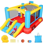 Adnoom Inflatable Bounce House, Childrens Indoor/Outdoor Jumping Castle with 470W Blower, Compact Inflatable Bounce Castle with Double Slide, Basketball Hoop for Kids 3-10 Years