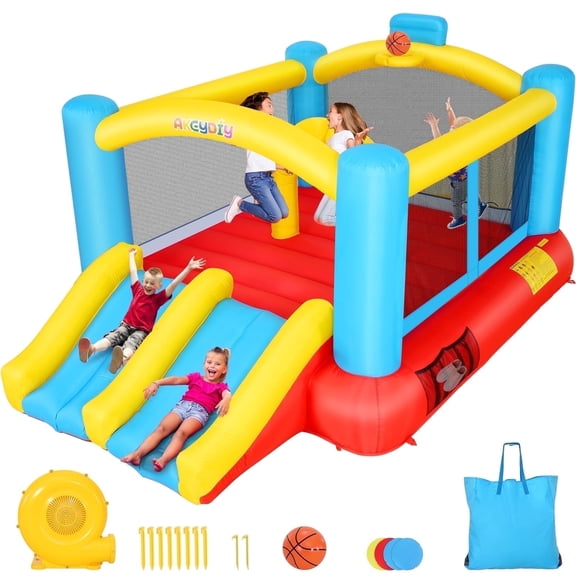 Adnoom Inflatable Bounce House, Children's Indoor/Outdoor Jumping Castle with 470W Blower, Compact Inflatable Bounce Castle with Double Slide, Basketball Hoop for Kids 3-10 Years