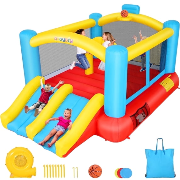 Adnoom Inflatable Bounce House, Children's Indoor/Outdoor Jumping Castle with 470W Blower, Compact Inflatable Bounce Castle with Double Slide, Basketball Hoop for Kids 3-10 Years
