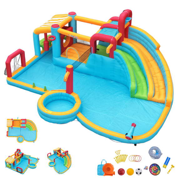 Adnoom Inflatable Bounce House for Kids 3~12 , Dual Slides Blow Up Water Park with 950w Blower, Double Pools, Water Cannon & Climbing Wall, Obstacle Bouncy Castle for Indoor Outdoor Party Backyard