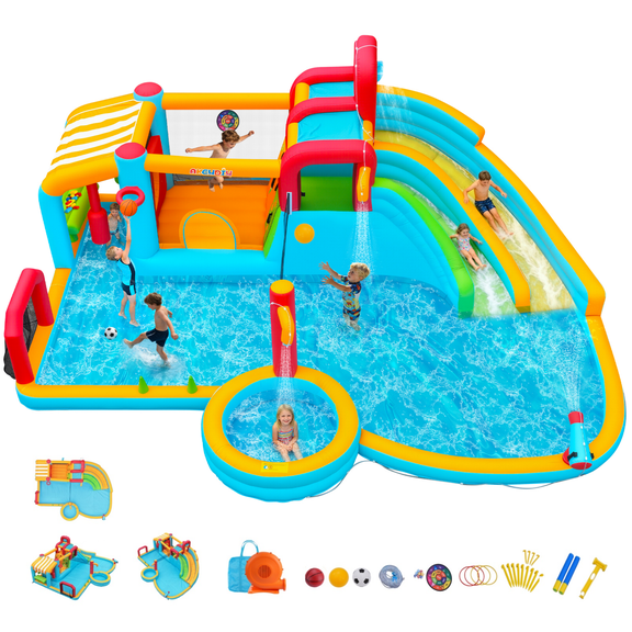 Adnoom 11in1 Inflatable Pool Water Slide for Big Kids 3~12, 21.6x17.2ft Giant Water Park, 2 Long Slide, Large Splash Pool&Water Bucket, 950w Blower, Backyard Bouncy Castle w/Jumping Area