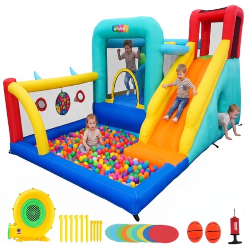 Adnoom Bounce House with 480W Blower for Big Kid 3-12, 10-in-1 Bounce House Water Slide with Long Slide, Splash Pool, Jump Area, Inflatable Obstacle Course for Indoor&Outdoor