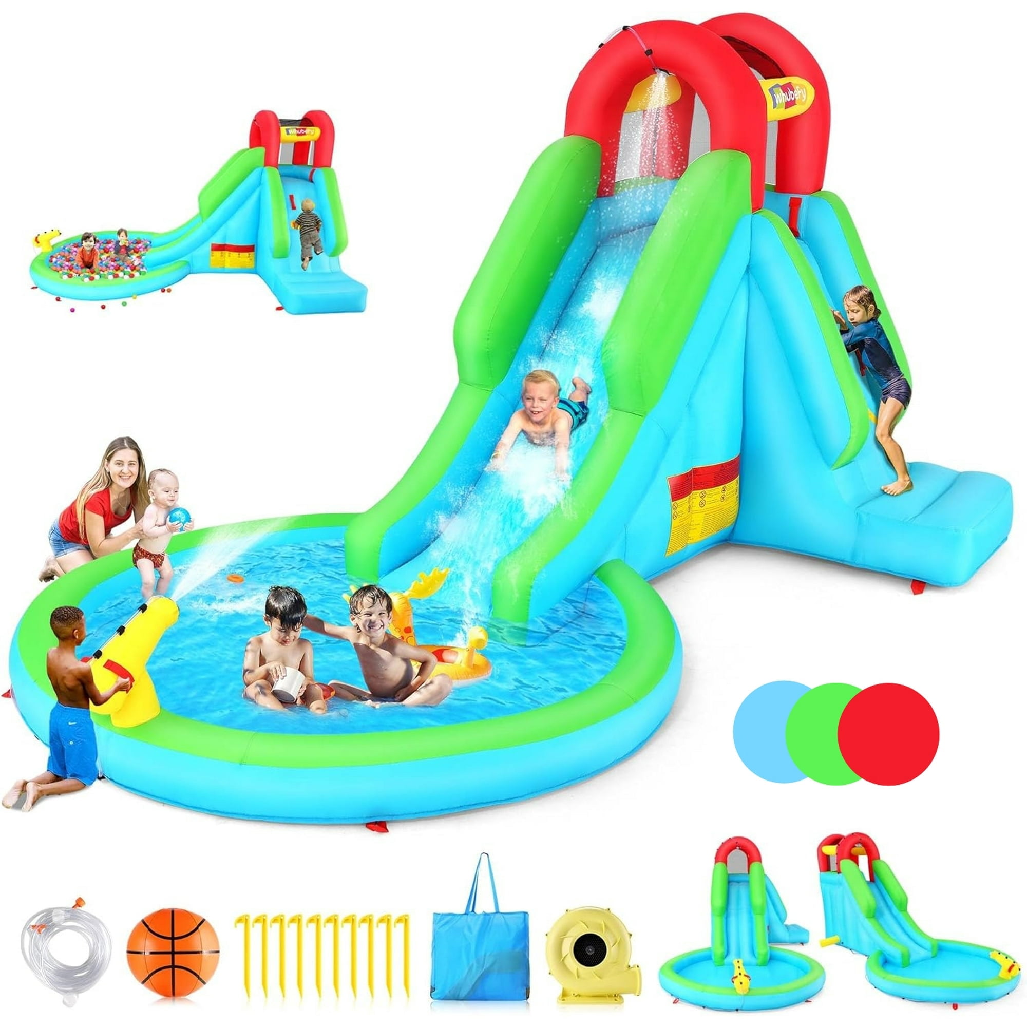 Adnoom Inflatable Bounce House with 322W Blower, Kid Bounce House with Large Pool/Ball Pit, Water Slide with Nozzle, Water Cannon, Climbing Wall, Bouncy Castle for 4 Kids