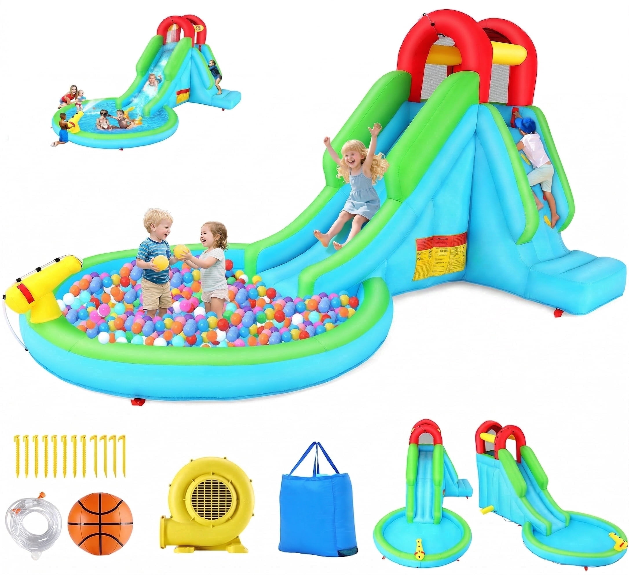 Inflatable Bounce House with 322W Blower, Kid Bounce House with Large Pool/Ball Pit, Water Slide with Water Cannon, Climbing Wall, Bouncy Castle for 2 Kids