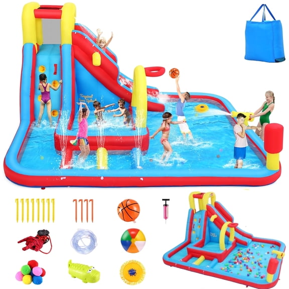 Adnoom Water Slide with Small Obstacle Course, Kids Bounce House with Dual Pools, Slide, Basketball Hoop, Climbing Wall, Water Cannon, Jumping Castle for Kids 3~10, Indoor & Outdoor