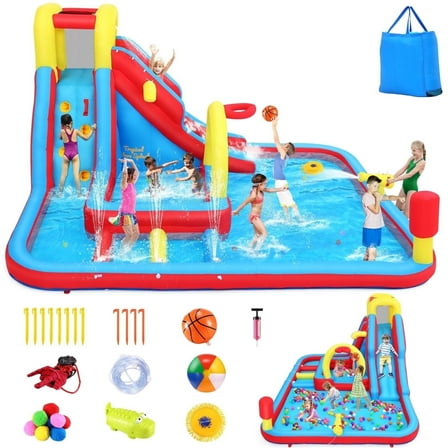 Adnoom Water Slide with Small Obstacle Course, Kids Bounce House with Dual Pools, Slide, Basketball Hoop, Climbing Wall, Water Cannon, Jumping Castle for Kids 3~10, Indoor & Outdoor