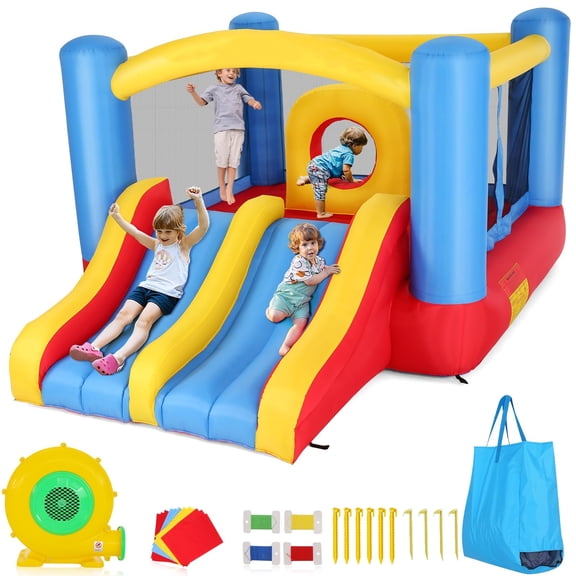Inflatable Bounce House with 370W Blower, Jumping House for Kids 3~10, 12 x 9ft Bounce Castle with Obstacle Course, Double Slide & Large Bounce Area, Indoor/Outdoor Bouncy Castle for Party, Backyard