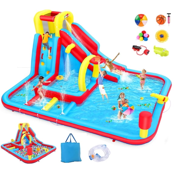 Adnoom Inflatable Water Slide for Bid Kids, Bounce House with Obstacle Course, Dual Pools, Slide, Basketball Hoop, Climbing Wall, Water Cannon, Jumping Castle without Blower, Water Park for Backyard