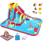 Adnoom Inflatable Water Slide for Bid Kids, Bounce House with Obstacle Course, Dual Pools, Slide, Basketball Hoop, Climbing Wall, Water Cannon, Jumping Castle without Blower, Water Park for Backyard