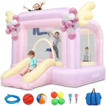 Adnoom Inflatable Bounce House Toddler Bouncy House for Kids 2-8 year, Indoor Outdoor Party Fun Bouncy Castle with Jumping Area, Slide,Basketball Rim(Without blower)