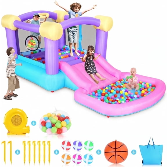 Adnoom Inflatable Bounce House W/470W Blower, Children's Indoor/Outdoor Jumping Bounce Castle for Kids 3-10 W/Slide, Ball Pit, Dart Game, 50 Ocean Balls, Jump House for Backyard Party Birthday Gift