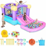 Adnoom Inflatable Bounce House W/470W Blower, Children's Indoor/Outdoor Jumping Bounce Castle for Kids 3-10 W/Slide, Ball Pit, Dart Game, 50 Ocean Balls, Jump House for Backyard Party Birthday Gift