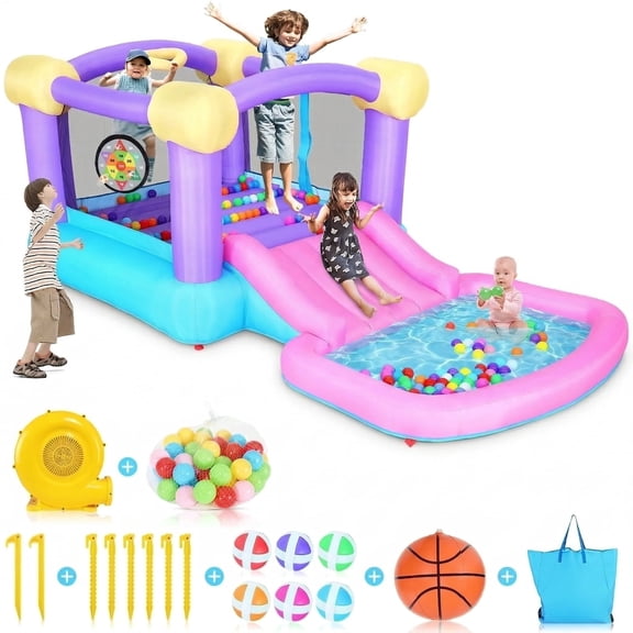 Adnoom Inflatable Bounce House W/470W Blower, Children's Indoor/Outdoor Jumping Bounce Castle for Kids 3-10 W/Slide, Ball Pit, Dart Game, 50 Ocean Balls, Jump House for Backyard Party Birthday Gift