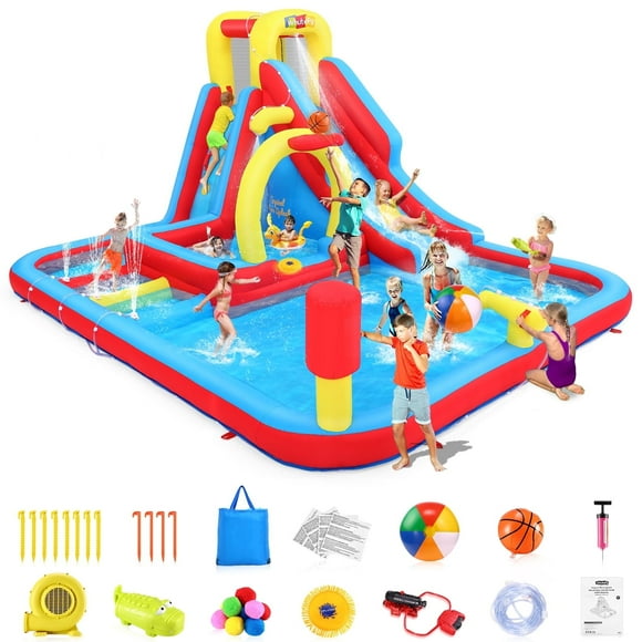 Adnoom Inflatable Bounce House with Water Park, Bounce House with Dual Pools, Slide, Climbing Wall, 3 Obstacle Course, Water Cannon, Water Slide for Kid 3~12, with 370W Blower, Indoor & Outdoor