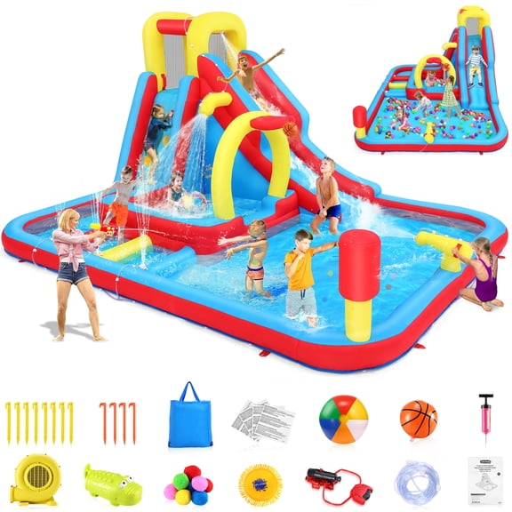 Adnoom Bounce House for Kids 3~10, Water Slide with 480W Blower, Inflatable Bouncy Castle with Dual Pools, Climbing Wall, 3 Obstacle Course, Water Cannon, Large Water Park, Indoor & Outdoor