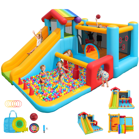 Adnoom Inflatable Bounce House for Big Kids, Obstacle Bouncy House with Long Slide, Large Ball Pit, Indoor Outdoor Jumping Castle with 450W Blower for Toddlers Kids 3-12