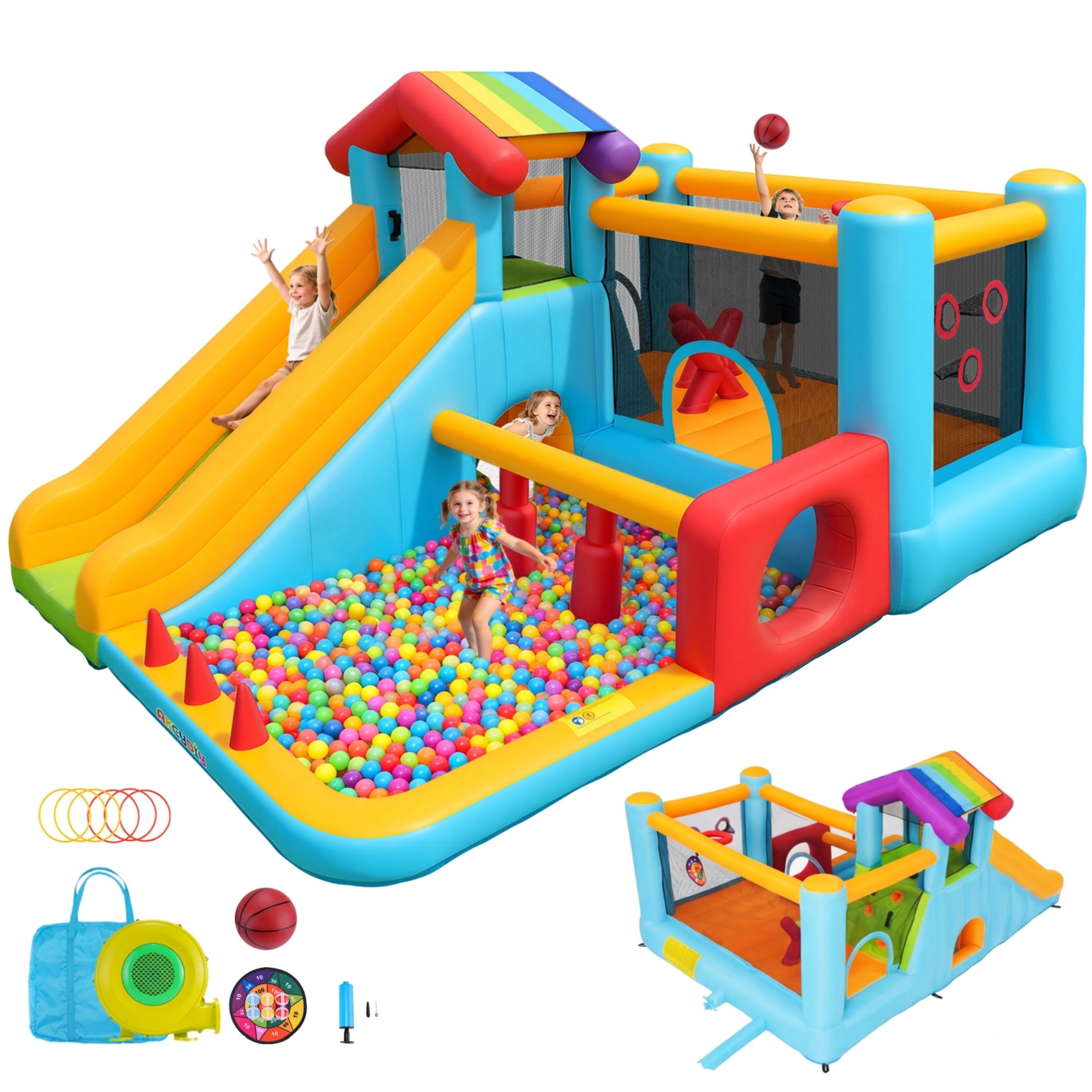 Adnoom Inflatable Bounce House for Kids 3-12, 11-in-1 High Slide Bouncy House with Climbing Wall, Large Ball Pit, Indoor Obstacle Jumping Castle with Blower for Family Backyard Party